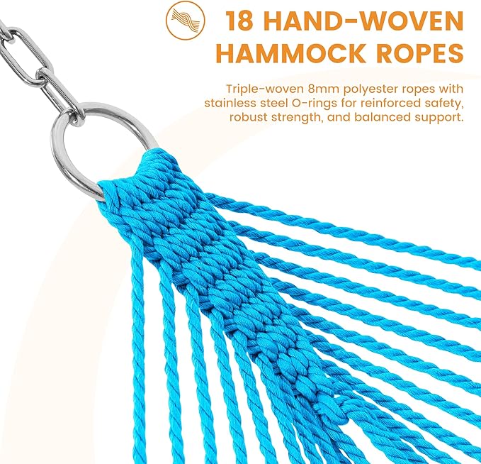 Lazy Daze Hammocks 10.5 FT Double 2 Person Caribbean Rope Hammock, Hand Woven Polyester Hammock with Spreader Bars, for Outside Outdoor Backyard Patio Poolside, 450 LBS Capacity, Sky Blue