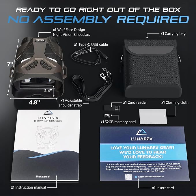 LUNAREX 4K Night Vision Goggles for Adults – Digital Night Vision Binoculars with 8X Zoom, 48MP Camera, 4000mAh Rechargeable Battery, 32GB TF Card, Infrared Night Vision Goggles for Hunting & Outdoor