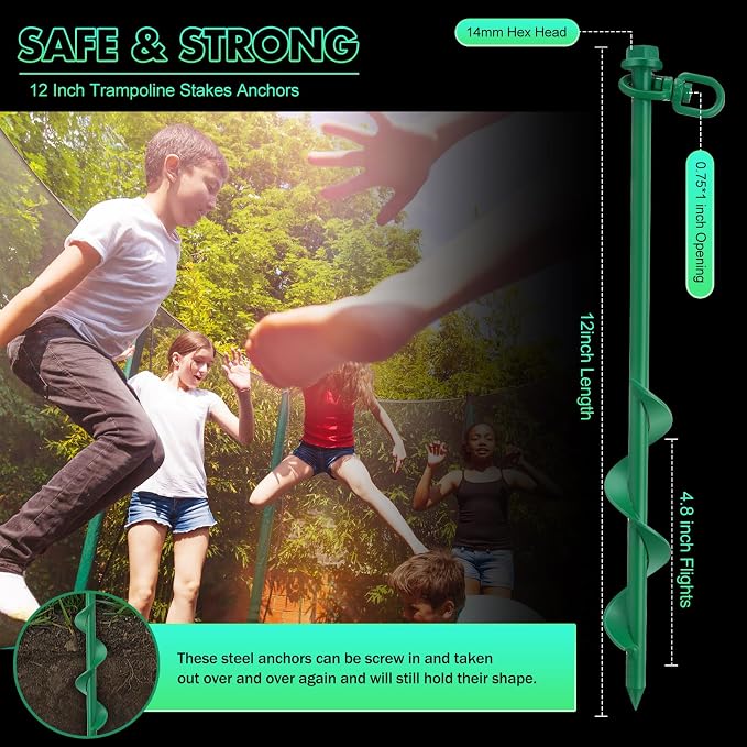 Hiboom 4 Pcs Ground Anchors with T Handle Hex Wrench Trampoline Hook, Ground Anchor Screw in Kit, Inflatable Outdoor Decorations Accessories for Camping Tents Car Ports Canopies (Green,12 Inch)