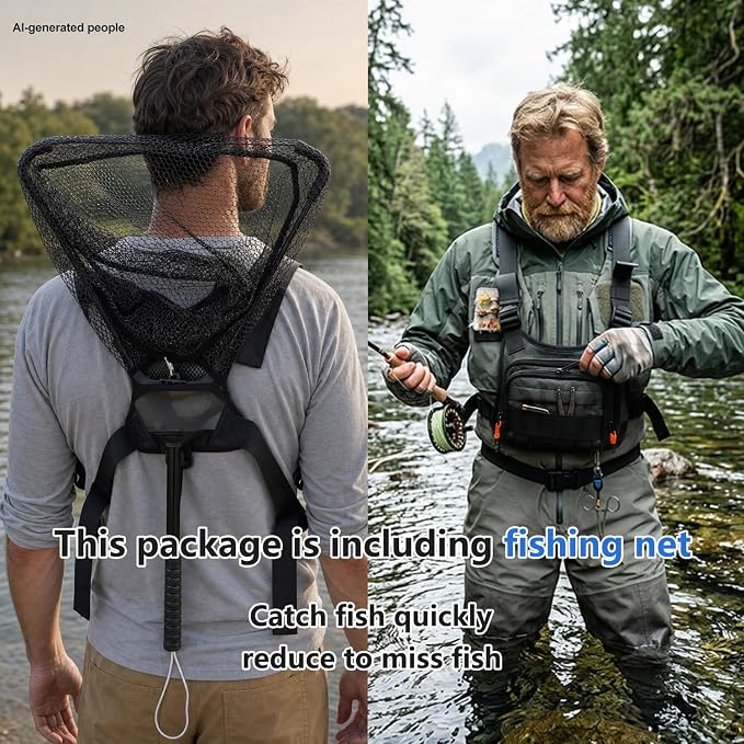Fishing Chest Pack Vest Bag w/ Fish Floating Landing Net, Tackle Box, Fishing Lures Kit, Hook Remover, Fish Lip Gripper, Fishing Plier Friendly for Beginners Gifts for Men (w/ Fish Net) (Green)