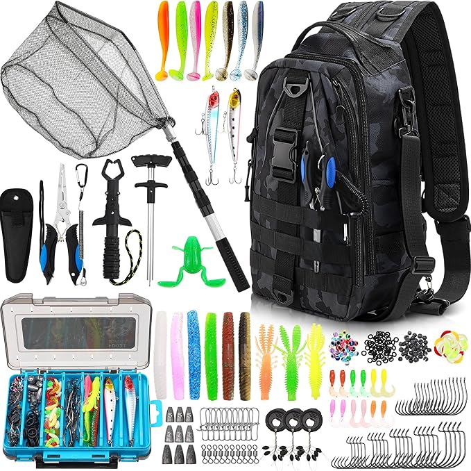 RoundFunny 256 Pcs Fishing Backpack with Tackle Box Gears, Tackle Sling Bag Backpack, Fishing Hook, Lures, Retractable Landing Net, Plier, Lip Gripper, Hook Remover, Fish Gift Men