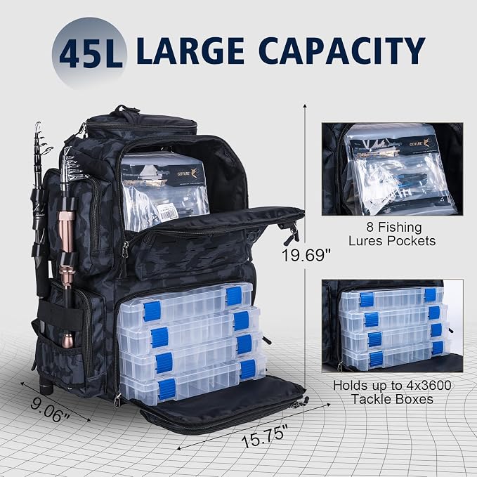 Goture Fishing Backpack, Tackle Backpack with Rod Holders, 45L 600D Large Fishing Bag Gear Storage, Water Resistant Tackle Bag with 8 Lure Pockets, Rain Cover for Camping Hiking (Without Tackle Box)
