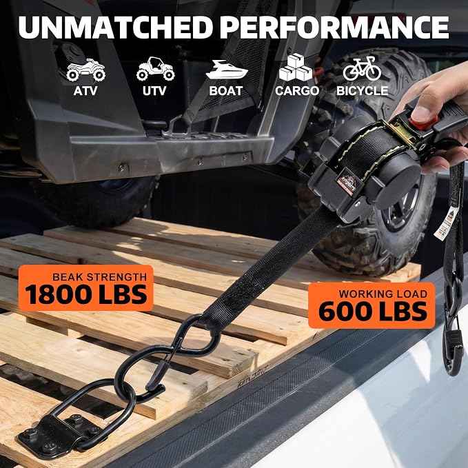 AUTOBOTS Retractable Ratchet Straps (2-Pack) 1” X 10ft (1,800lb Break Strength) - Heavy Duty Auto Self Tie Down Straps with (4) Tie Down Anchor for Cargo Trailer, Truck, Motorcycle, ATV, UTV