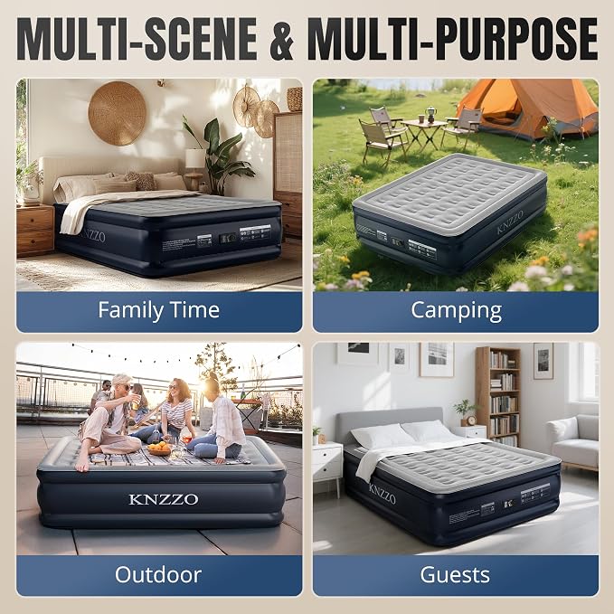 KNZZO Queen Air Mattress with Built-in Pump, 18" Top Inflatable Mattress with Waterproof Flocking Fabric, Three-Minute Quick-Inflatable Bed. Portable Blow Up Mattress for Home, Outdoor and Guests