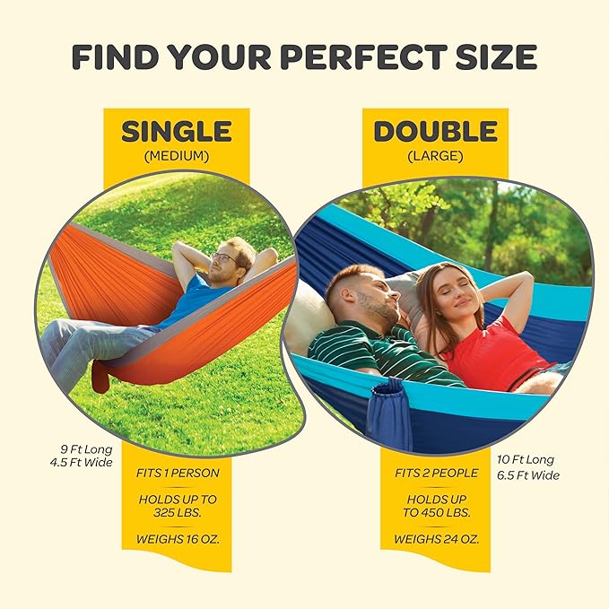 Durable Hammock 400 lb Capacity, Nylon Camping Hammock Chair - Double or Single Sizes w/Tree Straps and Attached Carry Bag - for Travel/Backpacking/Beach/Backyard (Medium, Dark Blue & Forest Green)