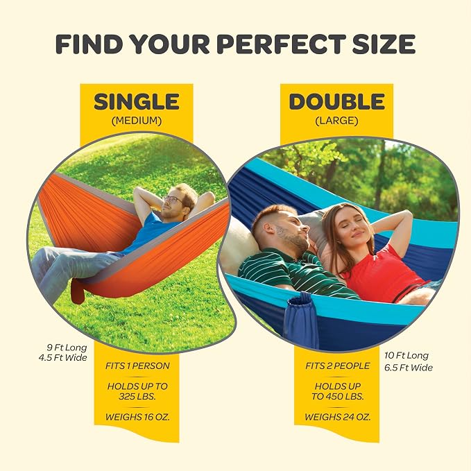 Durable Hammock 500 lb Capacity, Nylon Camping Hammock Chair - Double or Single Sizes w/Tree Straps and Attached Carry Bag - for Travel/Backpacking/Beach/Backyard (Large, Forest Green & Lima Green)