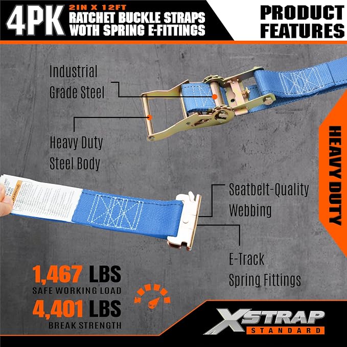 XSTRAP STANDARD 4-Pack 2" x 20' E-Track Ratchet Tie Down Straps 4,400 lbs Break Strength Heavy Duty Cargo Securement for Trailers, Trucks, Vans & Motorcycles with Spring Fittings (Blue)