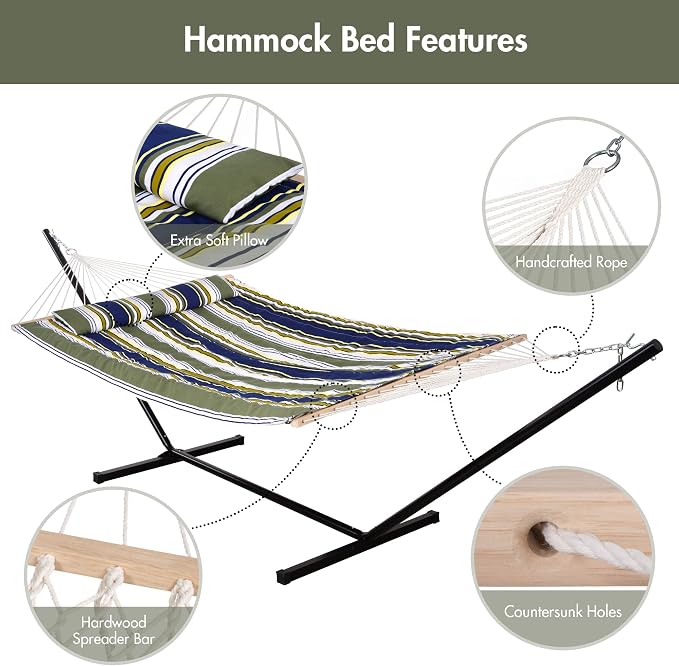ANOW Double Rope Hammock with Stand 12FT, Heavy Duty Hammock with Polyester Pillow and Pad, 450 LBS Weight Capacity, Blue & Green Stripes