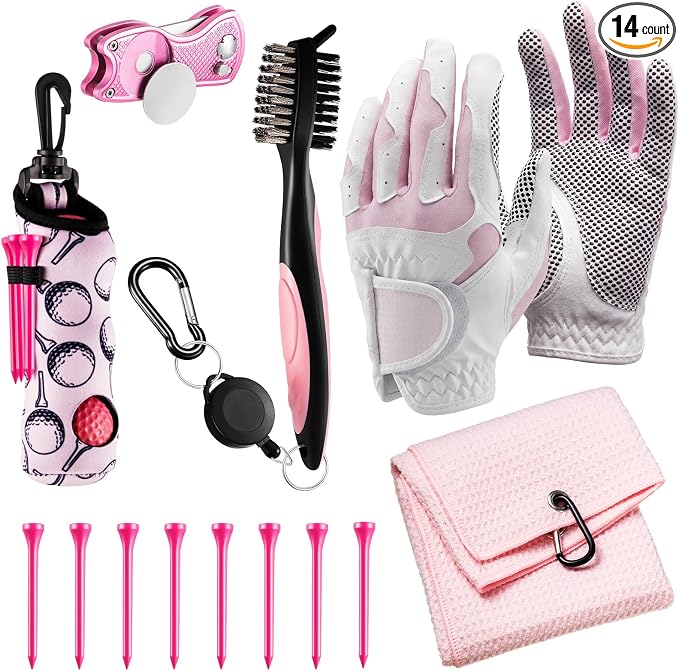 14 Pcs Pink Golf Accessories Set for Women, Golf Glove (fits 6.5 to 6.7" Hand, M/L), Microfiber Towel, Ball Bag with Clip, Tees, Magnetic Ball Marker, Divot Tool & Club Cleaning Brush