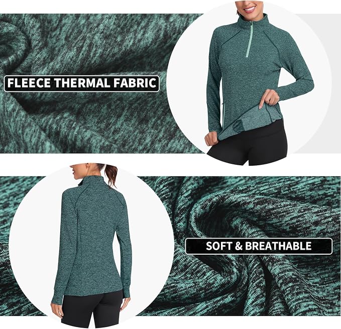 Soneven Women's Thermal Fleece Running Shirts Warm Winter Pullover Cold Weather Workout Hiking Tops with Thumb Holes Pockets