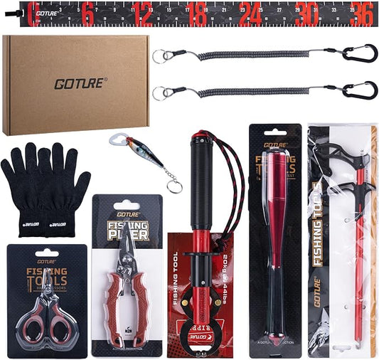 Goture Fishing Tool Kit,Fishing Pliers,Fillet Knife with Sheath,Fish Lip Gripper,Fish Hook Remover,Lanyard,Line Scissors,Sharpener,Stainless Steel Soap,Saltwater Gear Kit,Red/Pink,Gifts for Men/Women