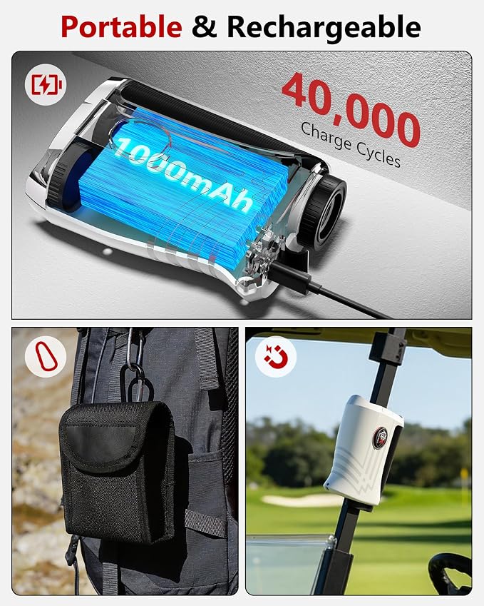 Golf Rangefinder with Slope Switch, Rechargeable Range Finder with Flag Lock Vibration, 7X Magnification Golf Rangefinder 1200 Yards, Portable with Magnetic Stripe – Tournament Legal