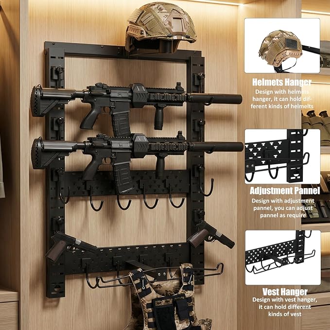 SUNPIE Horizontal Gun Rack Mount 25''W by 35''H, Heavy Duty Steel, Keeps 80lb, Indoor Tools Tactical Guns Racks Set with Helmet Hook and Upgrade Tactical Hanger, Black