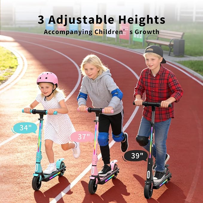 SIMATE Electric Scooter for Kids Ages 6-14, 3 Adjustable Heights 34"/37"/39", LED Display & Colorful Lights, Foldable Kids Electric Scooter, 8.7 MPH Safe Speed, Gifts for Boys Girls