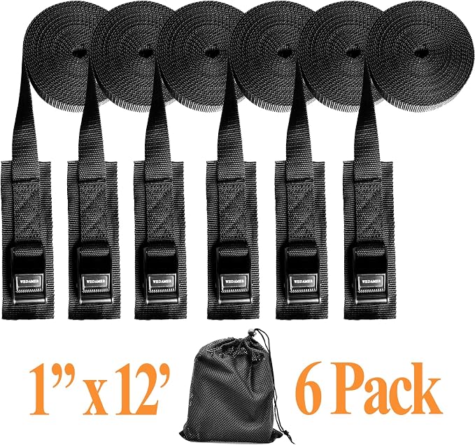 WEDAMER 6-Pack Kayak Tie Down Straps Heavy Duty Cam Buckle Tie Downs Adjustable for Trucks Motorcycles Boat RV - Ratchet Lashing Straps with Storage Bag, Roof Rack Trailer Cargo Securement 1" x12ft