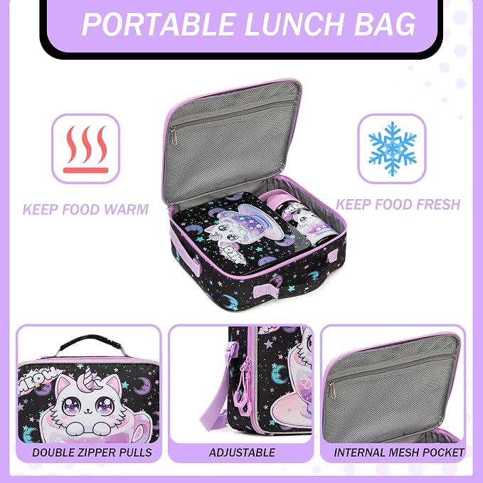 Lunch Box for Girls Bento Box for Kids with Lunch Bag,Stainless Steel Water Bottle,Ice Pack Set Birthday Gifts for Ages 3-12 Back to School Toddler Girls