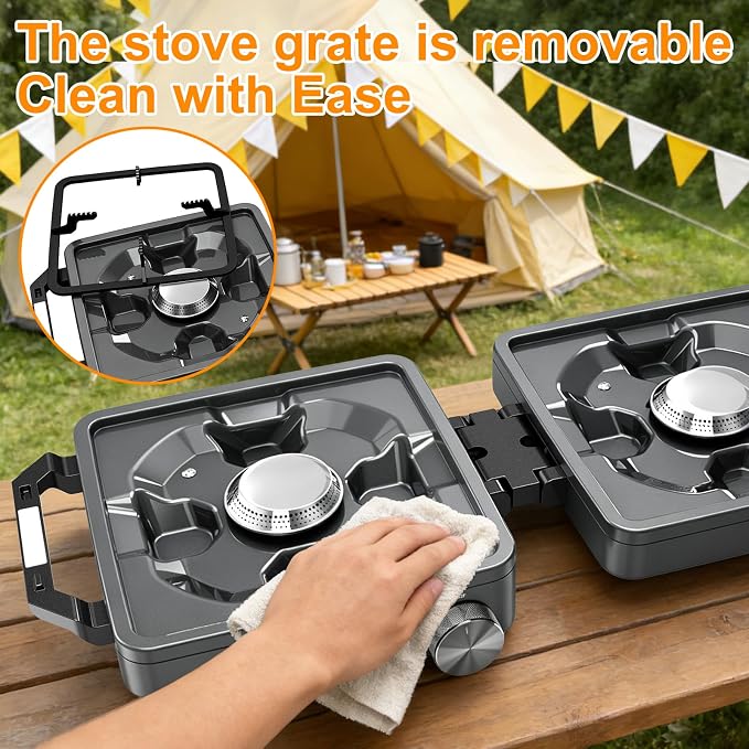2-Burner Pro Camping Stove,24000 BTU Camp Stove,Foldable Propane Stove Includes Carry Bag,Windscreen Griddle, Portable Stove,Camping Essentials,Suitable For Outdoor Cooking,Tailgating,Grilling (Gray)