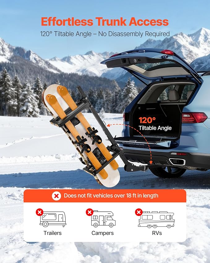VEVOR Folding Hitch Mounted Ski & Snowboard Rack, Fits 2-Inch Receiver, Carries up to 6 Pairs of Skis or 4 Snowboards, Adjustable Hitch-Mounted Rack for Car with Key Lock, Security Strap, Tilt Access