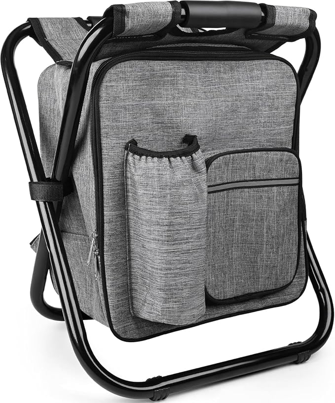 Kikerike Backpack Stool Cooler Chair Heavy Duty 300 LBS Max Load Portable Lightweight Stool Backpack Folding Fishing Cooler Seat for Camping Hunting Fishing - Gray