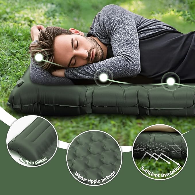 Toncoke 5.1" Thick Double Sleeping Pad with Foot Pump & Pillow, 77.5x53.9 2-Person Air Mattress for Camping, Ultralight & Compact for Backpacking, Hiking, Car Travel，Military Green