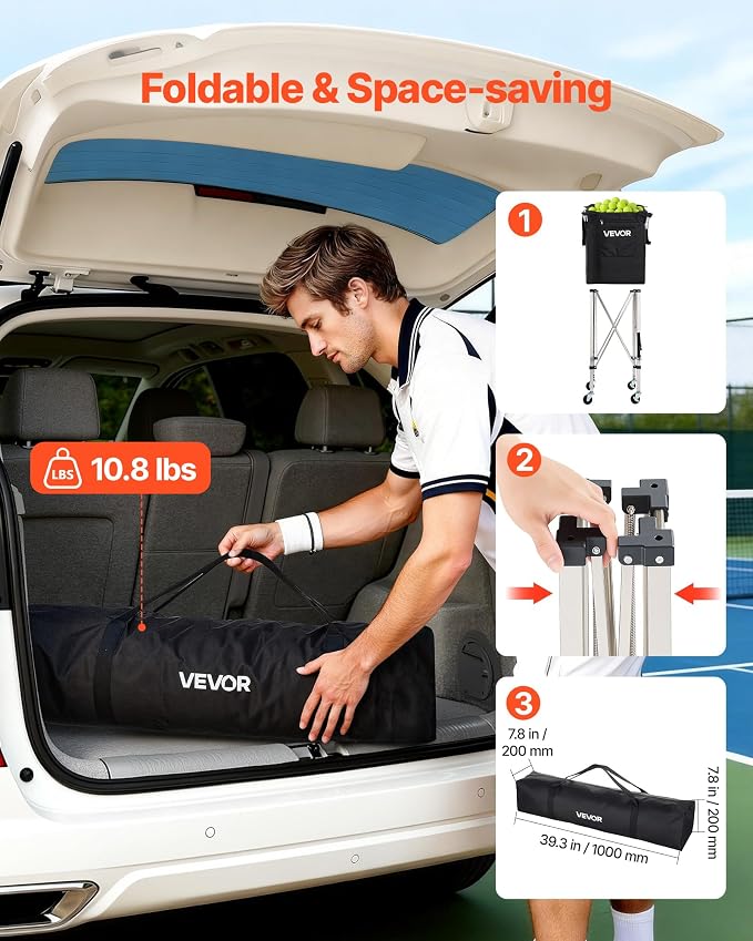VEVOR Tennis & Pickleball Hopper Holds 200/175/150/120 Balls, 3-in-1 Tennis Foldable Pickleball Basket Cart for Easy Installation, Storage Bag for Tennis Training & Teaching