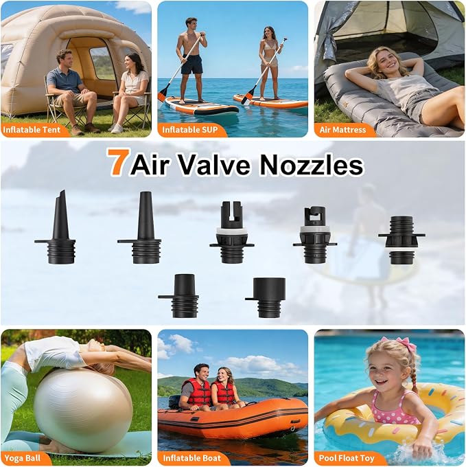 Electric High Pressure Paddle Board Pump 20PSI, Rechargeable SUP Air Pump, Dual-Stage Inflation & & Deflation, Auto-Off, 7 Nozzles, Portable Inflation for Boat, Tent, Kite, Surfing