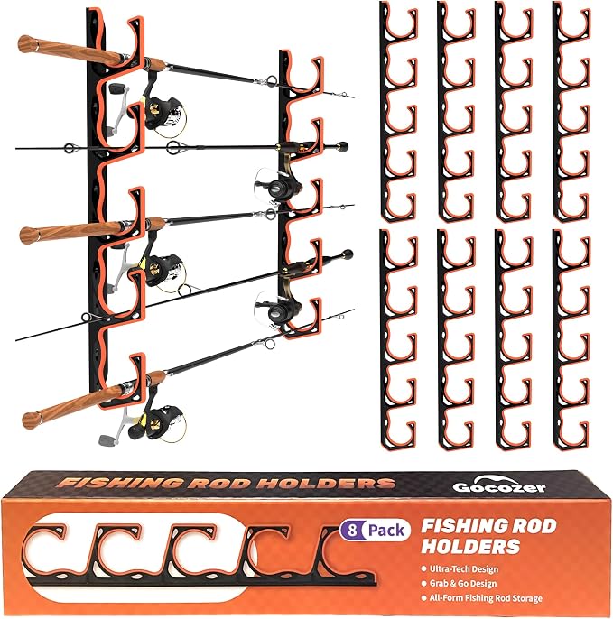 Gocozer Fishing Rod Holder for Garage, H5 Wall or Ceiling Mounted Fishing Pole Holders with Soft Protective Pad, Fishing Rod Storage Organizer, Horizontal Fishing Rod Wall Mount Nets Storage (8 PACK)
