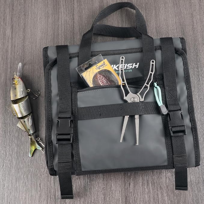THKFISH Big Bait Bag, Roll-Up Large Trolling Lure Bag for Big Baits with 7 or 8 Heavy Duty PVC Protective Cover Pockets, Mesh Cleaning & Drying Tabs