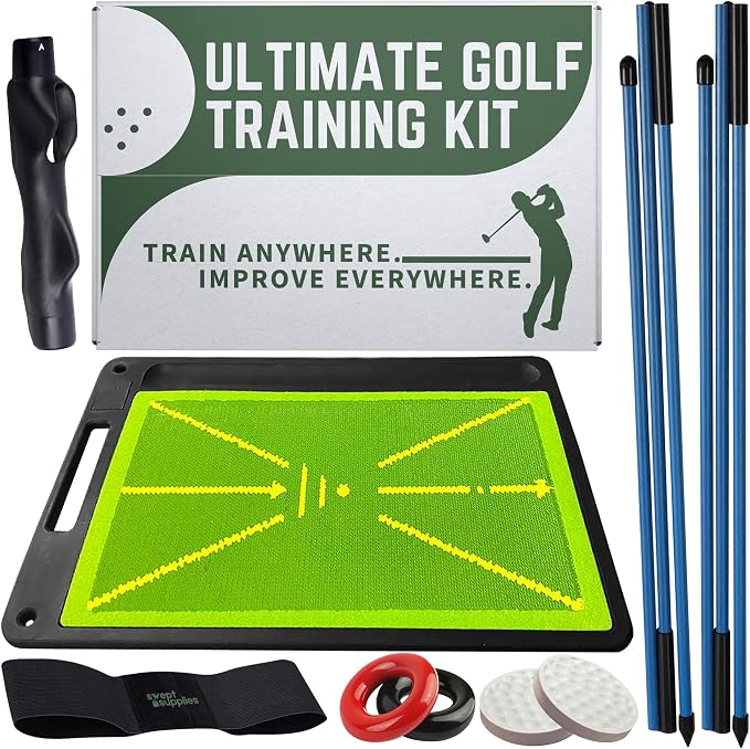 6-in-1 Golf Swing Trainer with Divot Board, Golf Grip Trainer, Alignment Sticks and Training Aid | Golf Accessories for Men & Women | Hitting Mat Practice Indoor & Outdoor