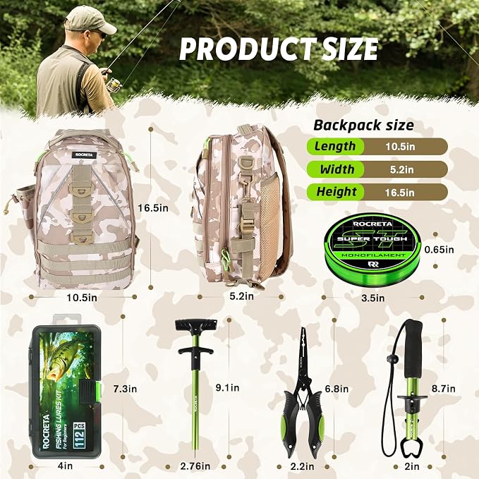 Fishing Backpack with Tackle Boxes,Fishing Lure Kit and Tool | Waterproof Fishing Tackle Bag With Rod Holder, Sling Backpack wtih Fishing Gear, Fishing Gifts for Men Woman Anglers