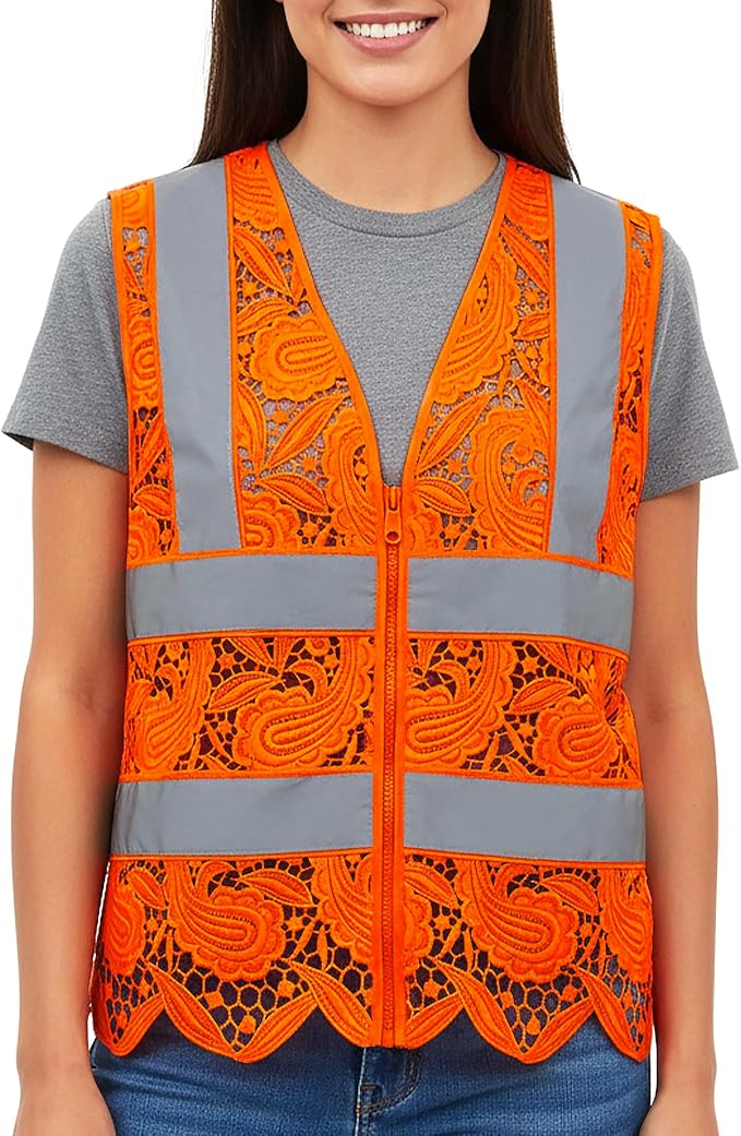Lace-Mesh Safety Vest for Women & Men - Breathable, High Visibility Vest with Zipper & ANSI Class 2 Reflective Strips
