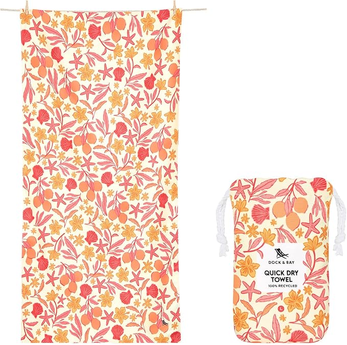 Dock & Bay Beach Towel - Quick Dry, Sand Free - Compact, Lightweight - 100% Recycled - Includes Bag - Tangerine Tide - Extra Large (200x90cm, 78x35)