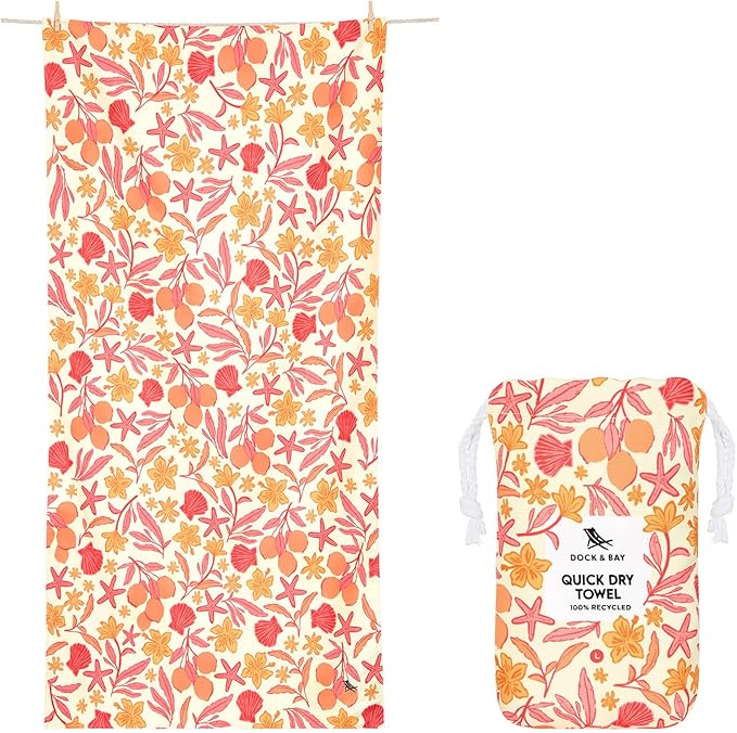 Dock & Bay Beach Towel - Quick Dry, Sand Free - Compact, Lightweight - 100% Recycled - Includes Bag - Tangerine Tide - Large (160x90cm, 63x35)