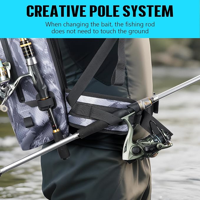 THKFISH IPX8 Waterproof Fishing Backpack with Rod Holder, Lightweight Fishing Sling Bag, Move Freely Fish Gifts for Men