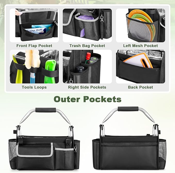 HODRANT Outdoor Grill Utensil Caddy, BBQ Tool Organizer with Divider & Support Pad for Tailgating Essentials, Picnic Storage Bag with Handle & Shoulder Strap for Camping Grill Accessories, Bag Only