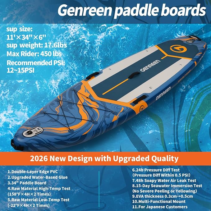 Paddle Board Stand up Paddle Board (Extra Large 11'*33/34") Newly Improved 2 Side Layers 450LBS Quality Inspection×5 (All-Season for JP customers) paddleboards Fishing Family Pet Friendly