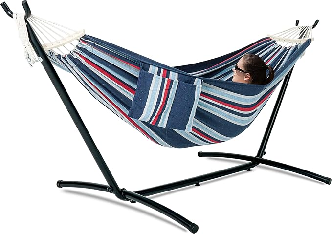 GAFETE Double Hammock with Stand for Outside, Upgraded Spreader Bar, Heavy Duty Space Saving Steel Stand 2 Person, Convenient Pockets, Easy Assembly, 600lbs Weight Capacity, Indoor & Outdoor (Night)