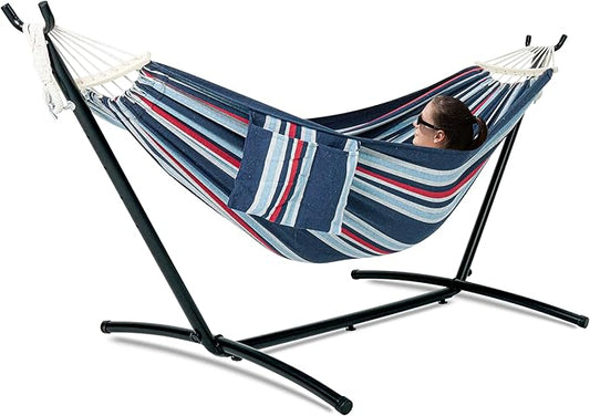 GAFETE Double Hammock with Stand for Outside, Upgraded Spreader Bar, Heavy Duty Space Saving Steel Stand 2 Person, Convenient Pockets, Easy Assembly, 600lbs Weight Capacity, Indoor & Outdoor (Night)