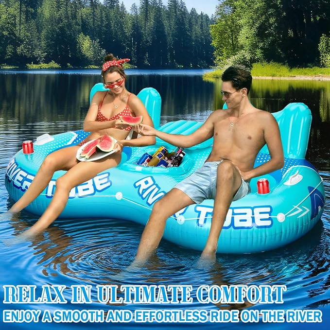 Pcs Inflatable River Tube Float, 2 Person Heavy Duty Pool Float with Built in Cooler, Ergonomic Backrest and Cup Holders for Adults, Lake Water Tubes for Floating Summer Relaxation