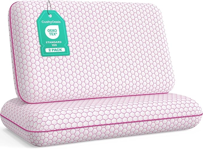 CushyOasis Memory Foam Pillows for Side, Back and Stomach Sleepers, Set of 2, Bed Pillow with Washable Cover and Breathable Mesh, Bed Pillow for Sleeping (Pink，Queen Size)