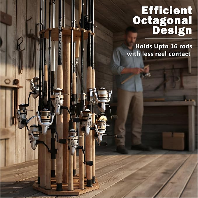 Rush Creek Creations 16-Rod Round Fishing Rod Holder for Garage, 360° Access Fishing Pole Holder for Fishing Rods, Reels, Gear, and Accessories, Securely Holds 16 Rods, Wood Grain