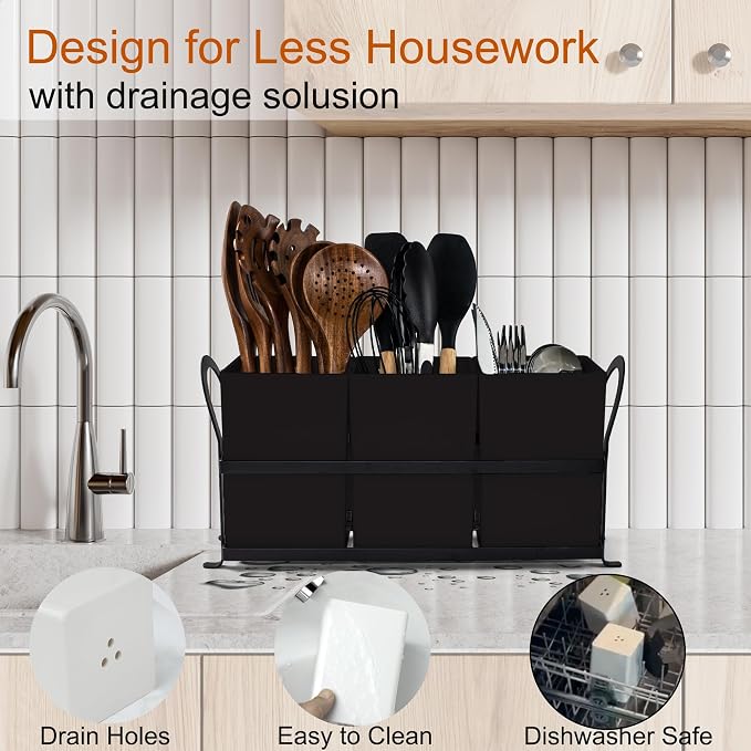 Czlizdyt Large Kitchen Utensil Holder, Drainage Utensil Caddy for Countertop, 3pcs Bins Set Cooking Utensil Organizer for Spoons, Spatulas, Black