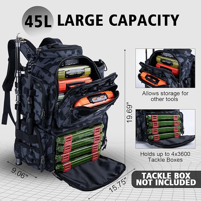 Goture Fishing Backpack,900D Water-Resistant Tackle Backpack with Rod Holders,45L Large Fishing Bag Storage Gear Tackle Bag with Rain Cover,Bottle Holder for Travel Camping Hiking(Without Tackle Box)