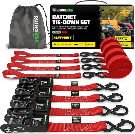 Rhino USA Ratchet Straps Heavy Duty Kit (4-Pack) - 1.6 Inch x 8 Feet Min Break Strength (5,000) - Ultimate Tie Down Straps with Safety S Hooks for Trucks, ATV, UTV, Motorcycle, Cargo & More - Red