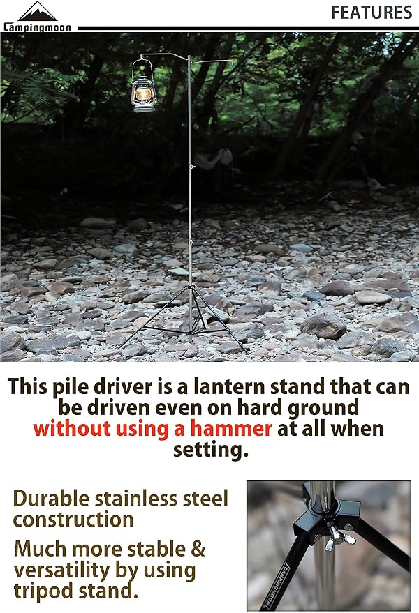 camping moon Heavy Duty Stainless Steel Lantern Pile Driver Height Adjustable with Tripod Stand and Storage Bag D-240, D-243