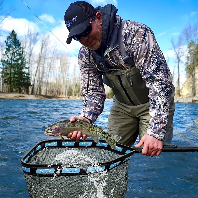 PLUSINNO Floating Fishing Net for Steelhead, Salmon, Fly, Kayak, Catfish, Bass, Trout Fishing, Rubber Coated Foldable Landing Net with Fixed or Telescoping Pole Handle, Fishing Gear and Gifts for Men