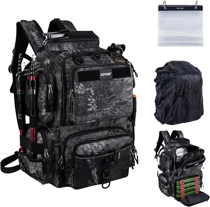 Goture Fishing Backpack,900D Water-Resistant Tackle Backpack with Rod Holders, SBS Zippers,45L Large Fishing Bag Storage Gear Tackle Bag with Rain Cover, Bottle Holder for Travel Camping Hiking