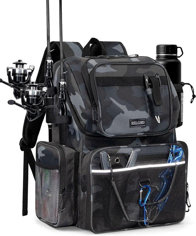 HXLGMD Fishing Backpack with Rod Holders,43L Large Water Resistant Tackle Bag Storage Gear and Equipment with Cooler for Men Fishing, Camping, Hiking, Khaki