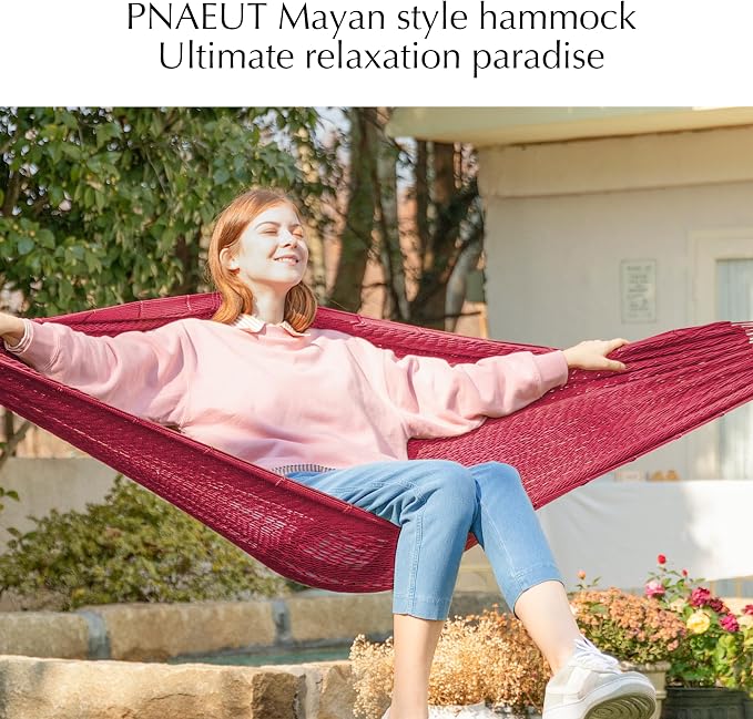 PNAEUT Handwoven Mayan Hammock, Thick Soft Rope Double Hammock for Outdoor Outside & Indoor, 600 lbs Capacity Heavy-Duty, Includes Tree Straps, Carabiners & Carrying Bag (Burgundy Fiesta Red, X-Large)