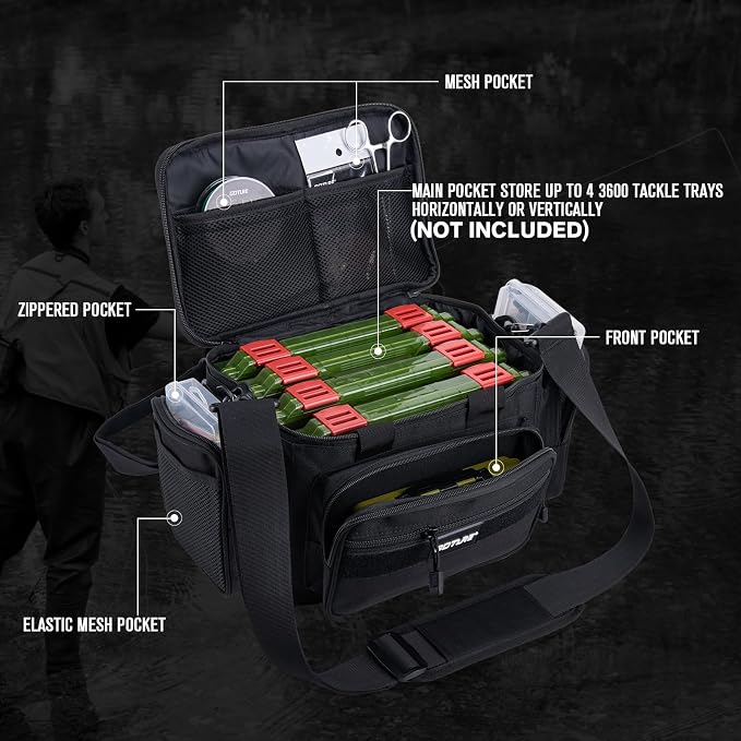 Goture Fishing Tackle Bag, 600D Water-Resistant Soft Side Crossbody Sling Bag for Men & Women,Small Gear Storage Tactical Bags for Saltwater & Freshwater,Fits 4 3600 Tackle Boxes (Not Included)